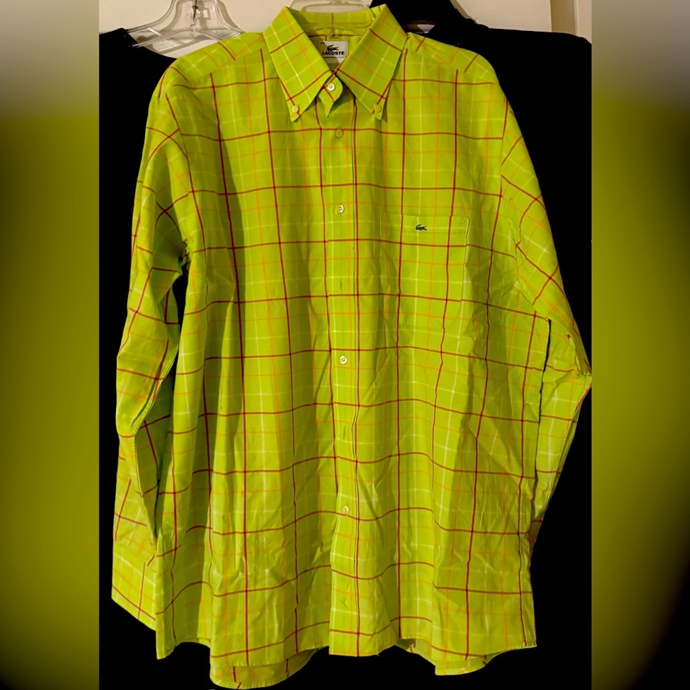 Lacoste Lime Green Multicolored Oxford Plaid Button Down Men’s Shirt. Size 44.